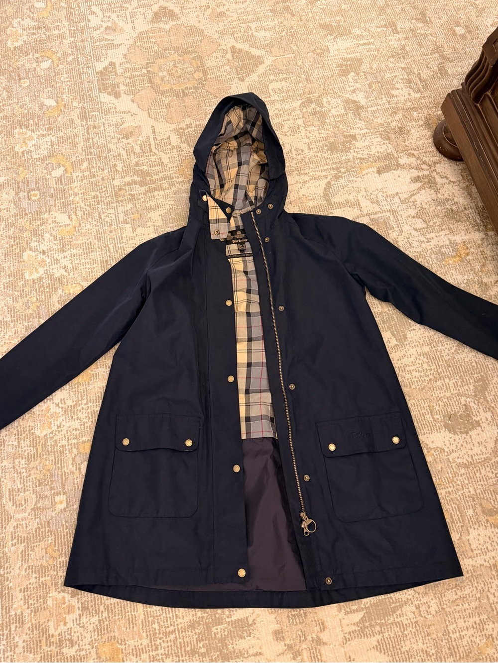 Barbour Navy Hooded Raincoat with Plaid Lining